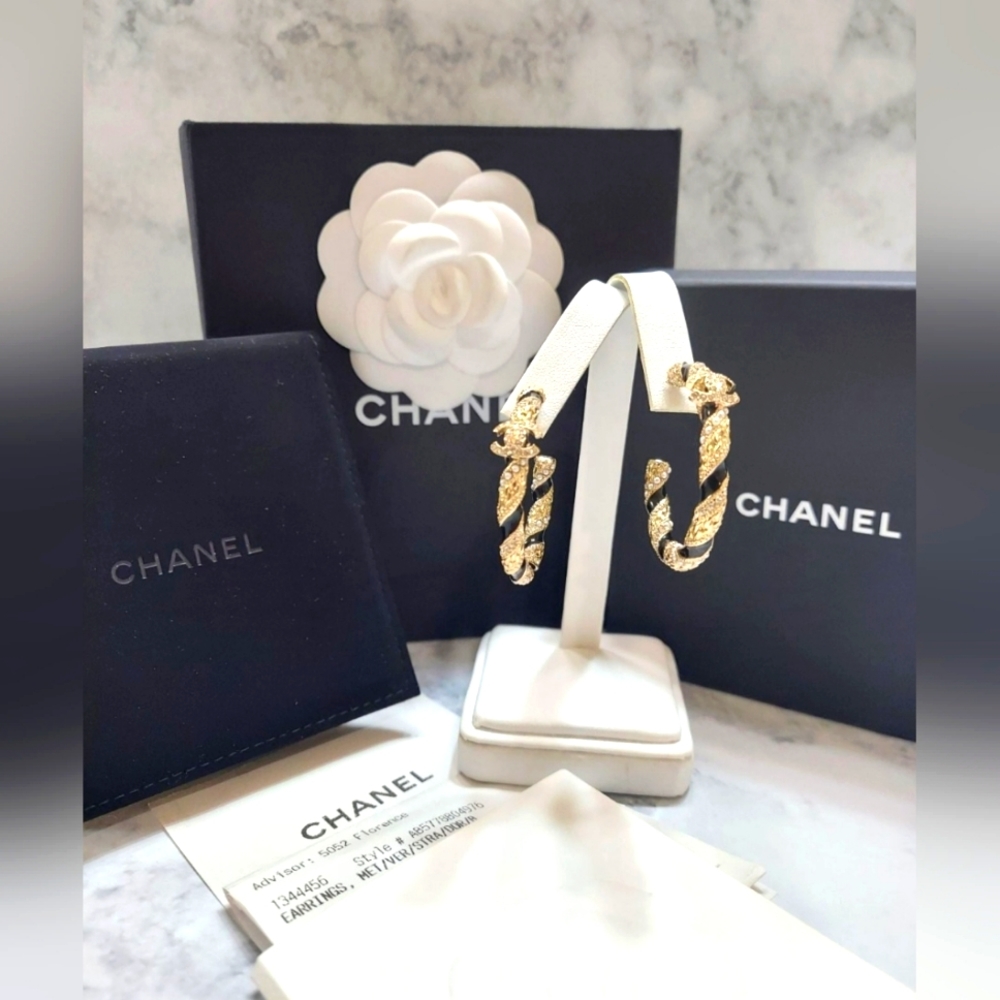 CHANEL Gold CC Logo Pearl Crystal Hoop Dangling Stud Earrings